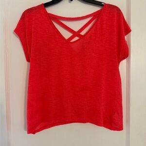 American Eagle Outfitters bright coral pink Short Sleeve Crisscross V-Neck Tee